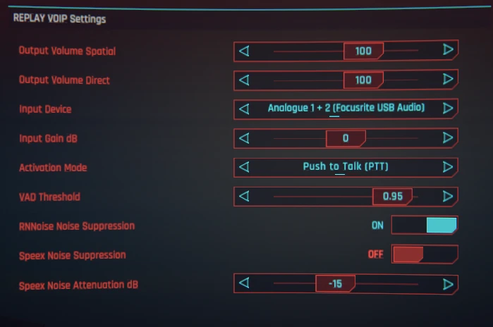 In-game REPLAY VOIP settings: spatial and direct output volume, input device, push-to-talk activation, VAD threshold, and RNNoise and Speex noise suppression